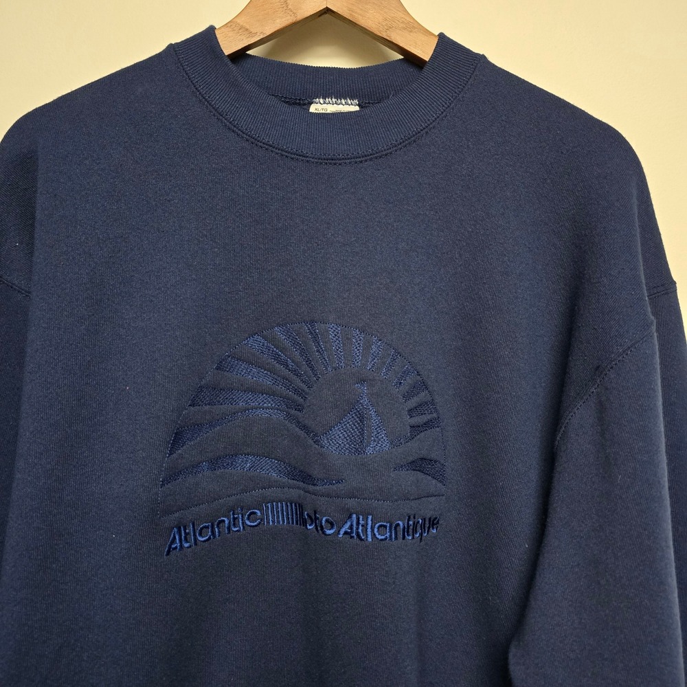 Vintage Fruit of the Loom Atlantic Sweatshirt Mens XL Navy Embroidered 90s - Picture 2 of 9